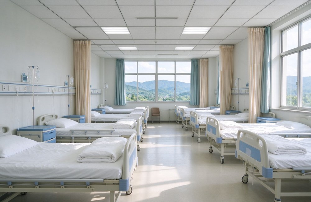 Wide-angle view of a clean institutional ward with rows of beds made up with white institutional bulk bedding wholesale in bright daylight