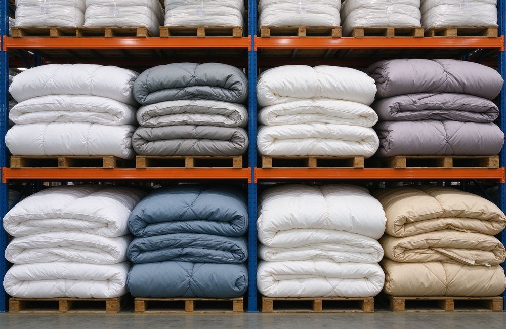 Wide-angle view of folded bulk bedding stacked on warehouse racks, institutional bulk bedding wholesale cartons and linen bundles stored for shipment