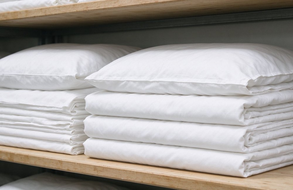 Side view of neatly folded white institutional bulk bedding wholesale on a wooden stockroom shelf, ready for a 500-bed dormitory bulk order packing