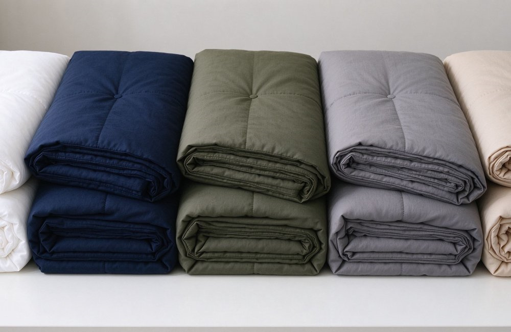 Top-down view of five folded institutional bulk bedding wholesale stacks in white navy olive grey and beige, color options comparison on a clean table