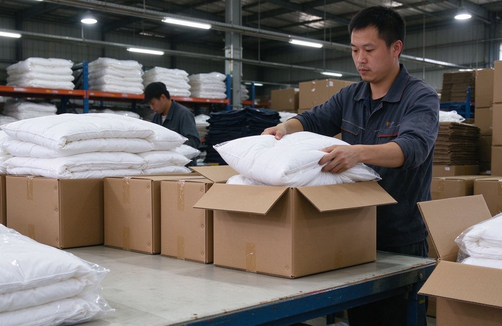 Side view of a packing station with workers bagging institutional bulk bedding wholesale sets into export cartons, bright warehouse packing line