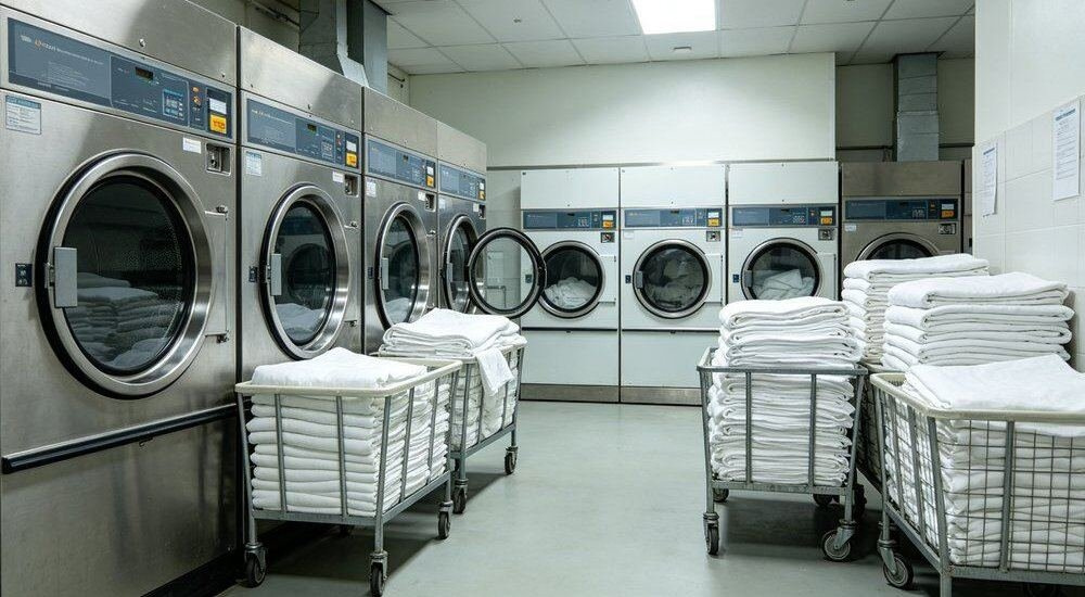 Interior view of institutional laundry scene with white institutional bulk bedding being washed and tumble dried in commercial machines, wholesale linen care for high-turnover facilities in a bright room Ideal for wholesale buyers running high-turnover commercial laundry.