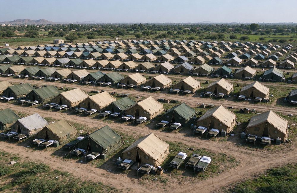Aerial wide view of a relief camp with rows of tents and beds made up with institutional bulk bedding wholesale in bright daylight
