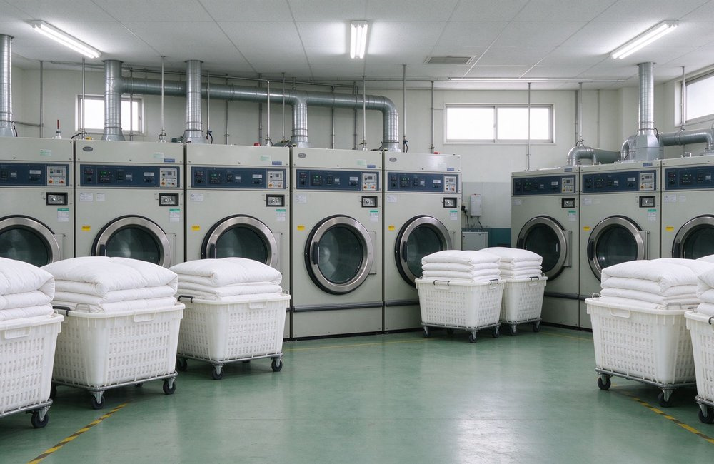 Wide-angle view of a clean institutional laundry with rows of industrial washing machines and folded white institutional bulk bedding wholesale in baskets
