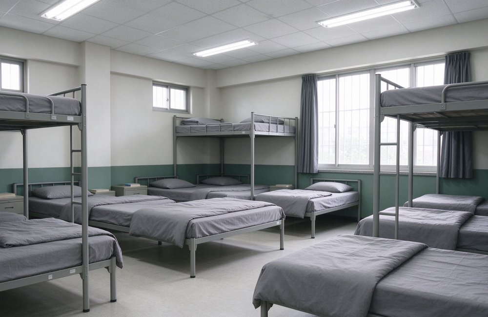 Interior view of a clean institutional residential room with rows of grey bunk beds made up with institutional bulk bedding wholesale, functional high-use linen