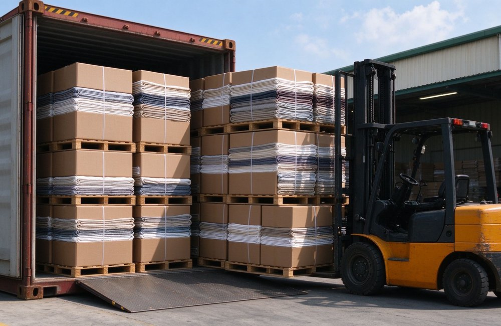 Side view of a shipping container being loaded with pallets of institutional bulk bedding wholesale cartons by forklift at a warehouse dock in daylight
