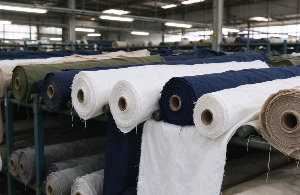 Side view of cotton fabric bolts on racks in a textile warehouse, bulk institutional bulk bedding wholesale cloth stock ready for cutting and sewing