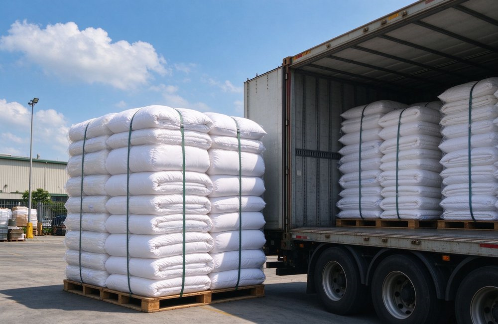 Side view of pallets of cartoned institutional bulk bedding wholesale being forklift loaded into a shipping container for export delivery