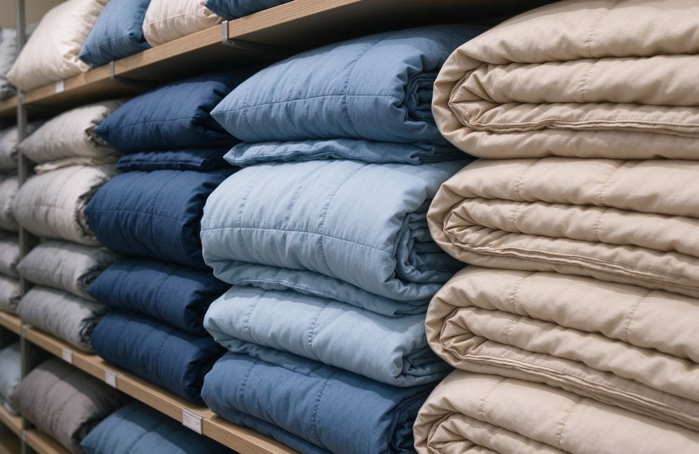 Close-up of folded institutional bulk bedding wholesale colour options in white navy and olive, neat flat folds showing fabric texture on a table