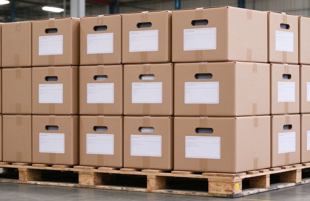 Side view of labelled institutional bulk bedding wholesale cartons stacked on a warehouse pallet ready for loading, bulk export packing