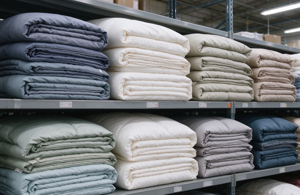 Wide-angle view of neatly folded institutional bulk bedding wholesale in a bright storage room, stacked sets with labels on wooden shelves