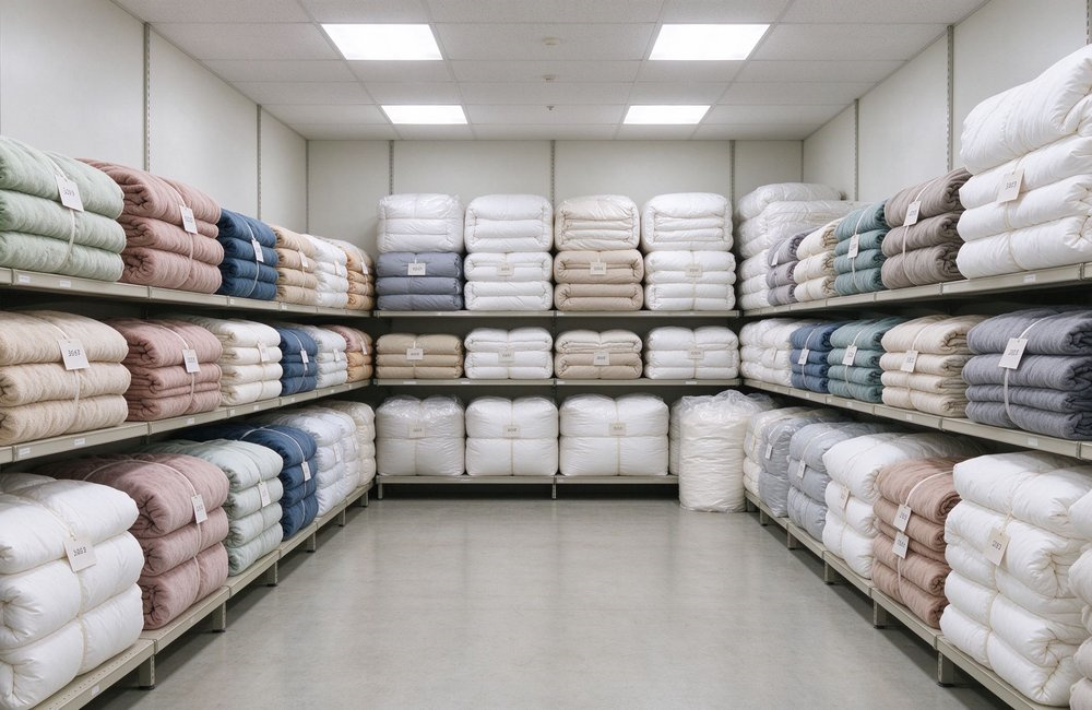 Wide-angle view of a folded bedding storage room with rows of institutional bulk bedding wholesale bundles on shelves, bulk stock kept ready for dispatch
