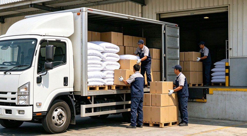 Side view of logistics truck loading scene with stacks of labelled institutional bulk bedding cartons ready for export, wholesale bulk delivery to institutional and relief buyers on a sunny dock Ideal for wholesale buyers receiving bulk institutional bedding deliveries.