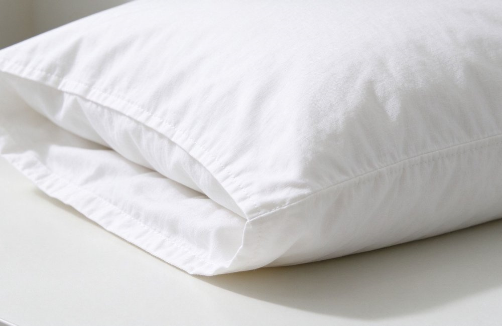 Close-up view of a white cotton envelope pillowcase for institutional bulk bedding wholesale on a clean table, neat edge stitching product detail