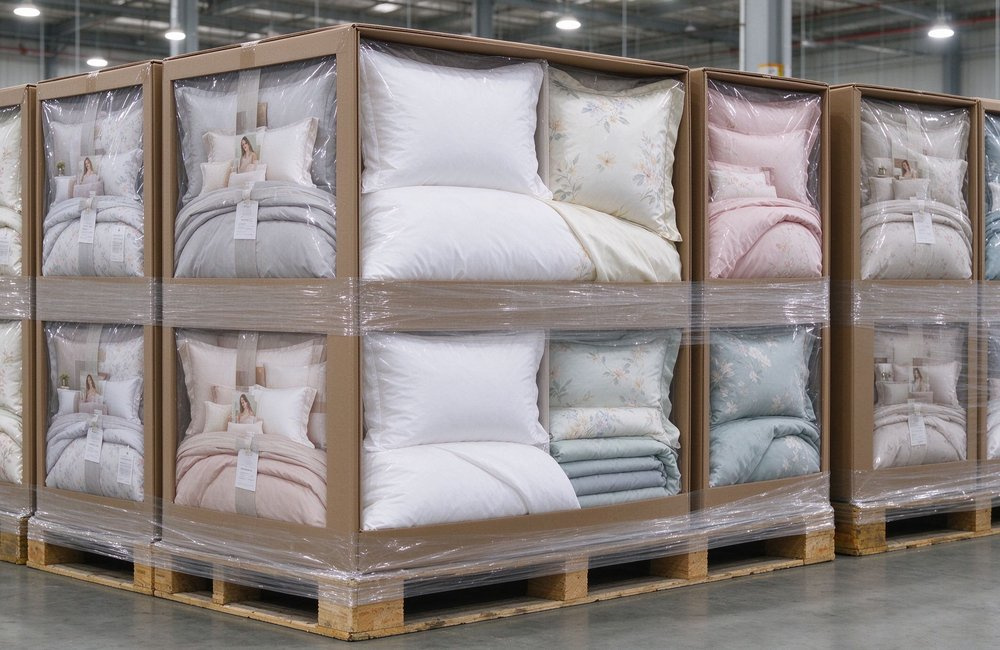 Side view of finished institutional bulk bedding wholesale sets stacked and pallet-wrapped in export cartons, ready for warehouse dispatch and shipment