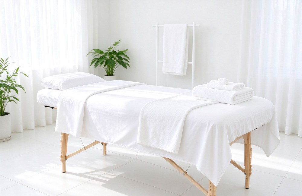 Bright massage table fitted sheet setup with deep pockets and elastic corners in a sunny spa treatment room, towels and bolster ready, clean clinical look