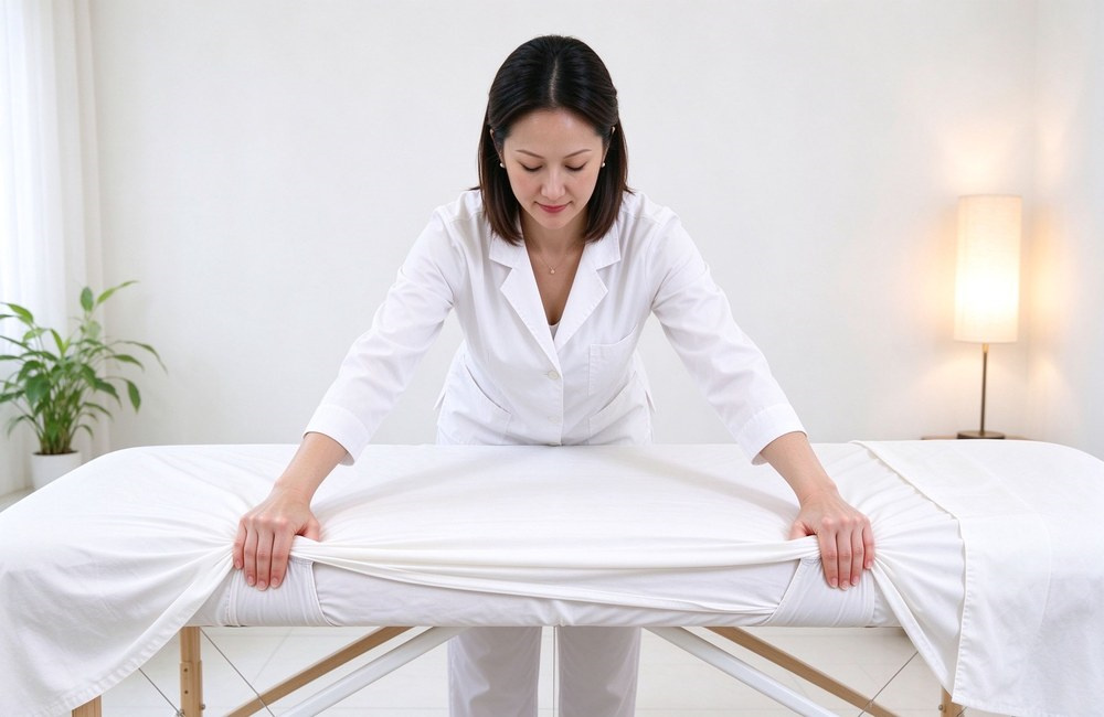 Asian therapist stretching white fitted sheet over massage table in bright therapy room, elastic fitted sheet smooth finish, hotel spa bedding supplier quality Asian therapist stretching white fitted sheet over massage table in bright therapy room, elastic fitted sheet smooth finish, hotel spa bedding supplier quality