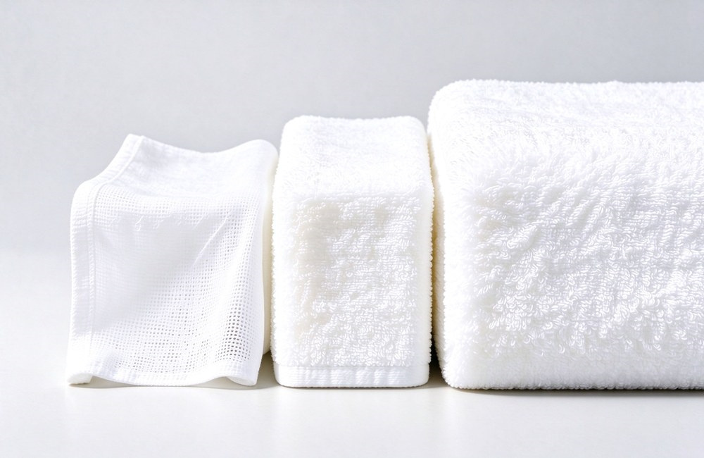 Fabric GSM piece weight comparison showing light medium and heavy towels, bulk spa bedding thickness guide for spa table covers and bed skirts Fabric GSM piece weight comparison showing light medium and heavy towels, bulk spa bedding thickness guide for spa table covers and bed skirts