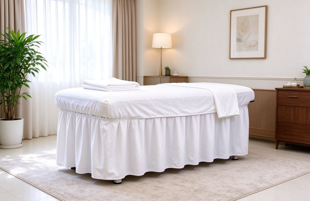 White bed skirt wrap-around draped on massage table in bright therapy room, showing pleated frill hem and hook loop closure for institutional spa bedding wholesale