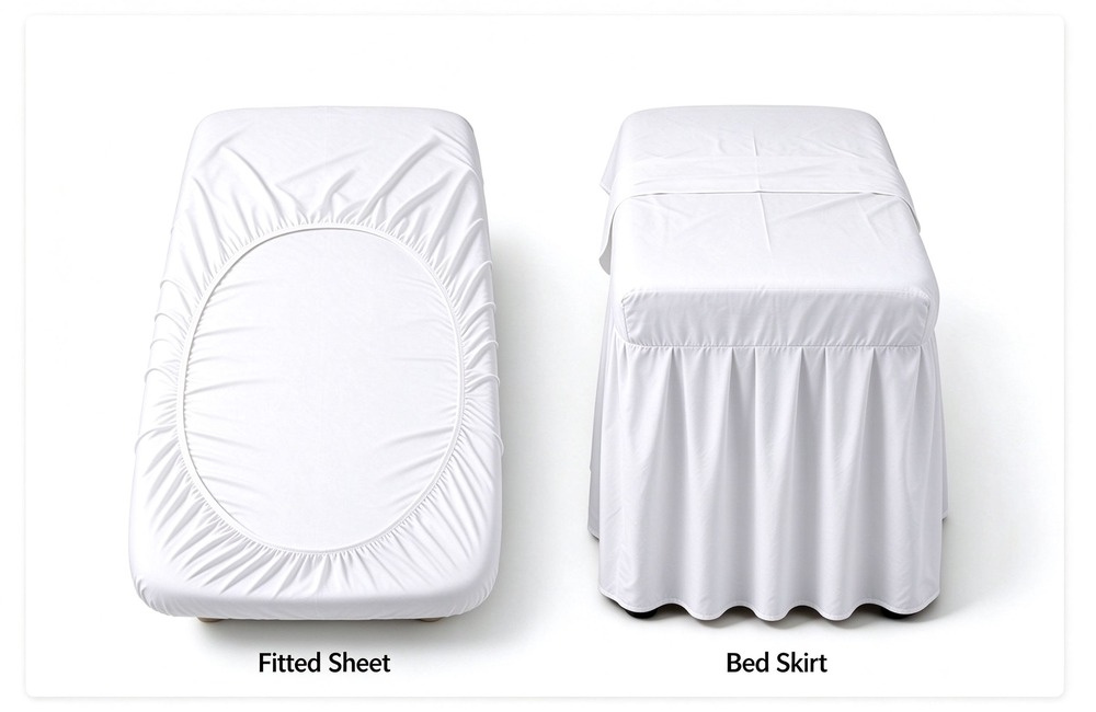 Twin massage tables side by side labeled Fitted Sheet and Bed Skirt, comparing fitted sheet wrap versus bed skirt drape for wholesale massage table bedding Twin massage tables side by side labeled Fitted Sheet and Bed Skirt, comparing fitted sheet wrap versus bed skirt drape for wholesale massage table bedding