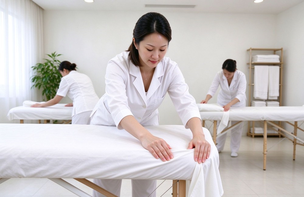Asian therapist tucking the elastic corner of a white fitted sheet onto a massage table corner in a bright therapy room with other tables Asian therapist tucking the elastic corner of a white fitted sheet onto a massage table corner in a bright therapy room with other tables