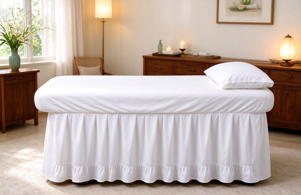Side view of fitted sheet bed skirt and pillowcase set installed on a massage table in a bright spa therapy room with wooden furniture and warm light Side view of fitted sheet bed skirt and pillowcase set installed on a massage table in a bright spa therapy room with wooden furniture and warm light