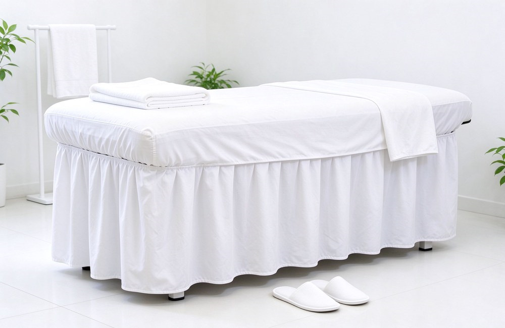 White bed skirt draped around massage table with frill hem, wholesale bed skirt for spa table covers, elastic fitted sheet underlay visible, clean treatment room finishing look White bed skirt draped around massage table with frill hem, wholesale bed skirt for spa table covers, elastic fitted sheet underlay visible, clean treatment room finishing look