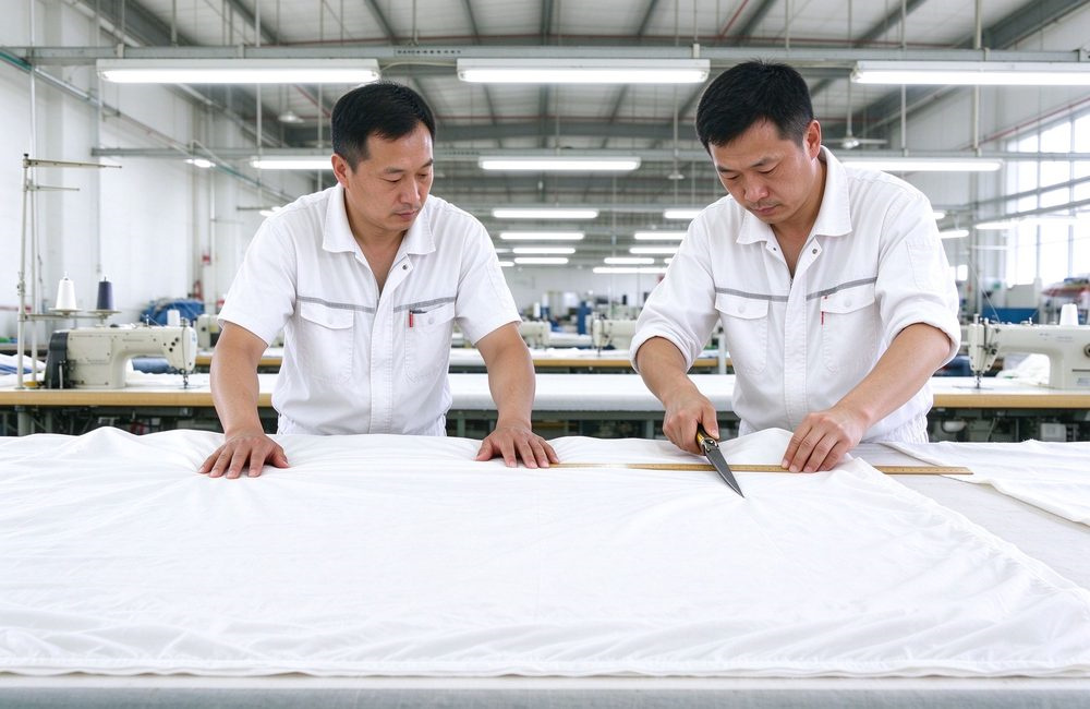 Asian workers cutting white fitted sheet fabric in bright sewing workshop, custom size fitted sheet production, spa table covers bulk manufacturing process