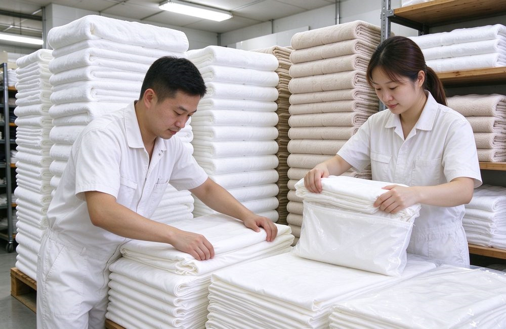 Asian workers folding and packing fitted sheets into bags in clean warehouse, bulk spa bedding packing for wholesale bed skirt shipments