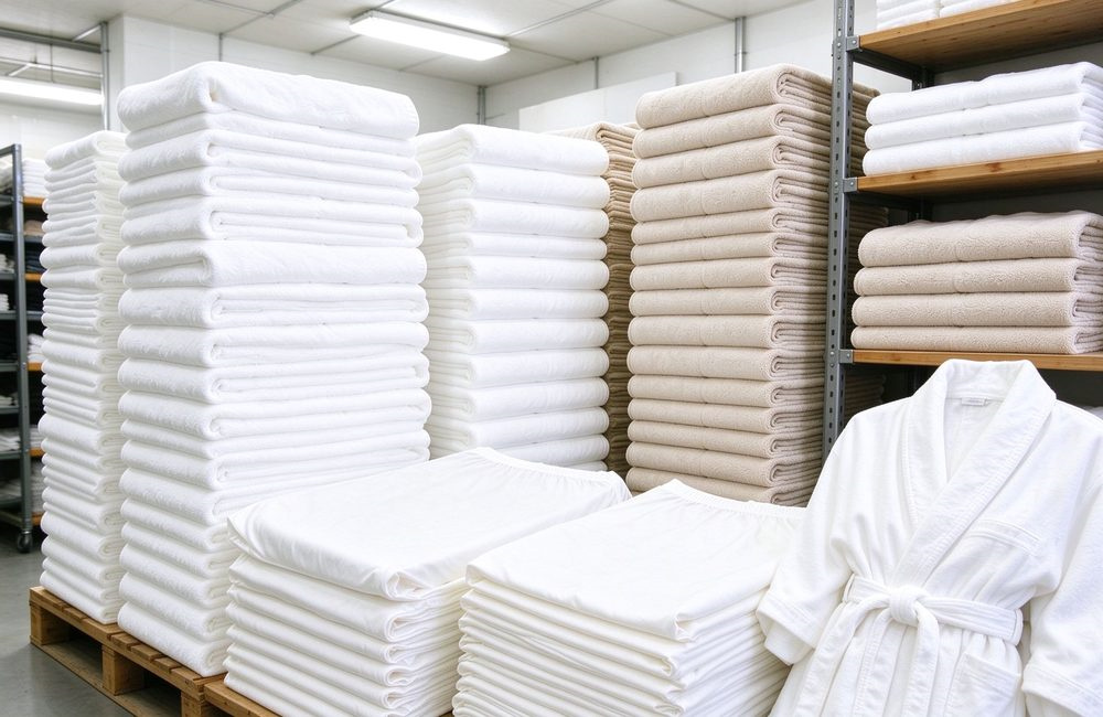 Stocked spa linen warehouse with folded white fitted sheets and bed skirts on shelves, bulk spa bedding inventory ready for wholesale bed skirt orders