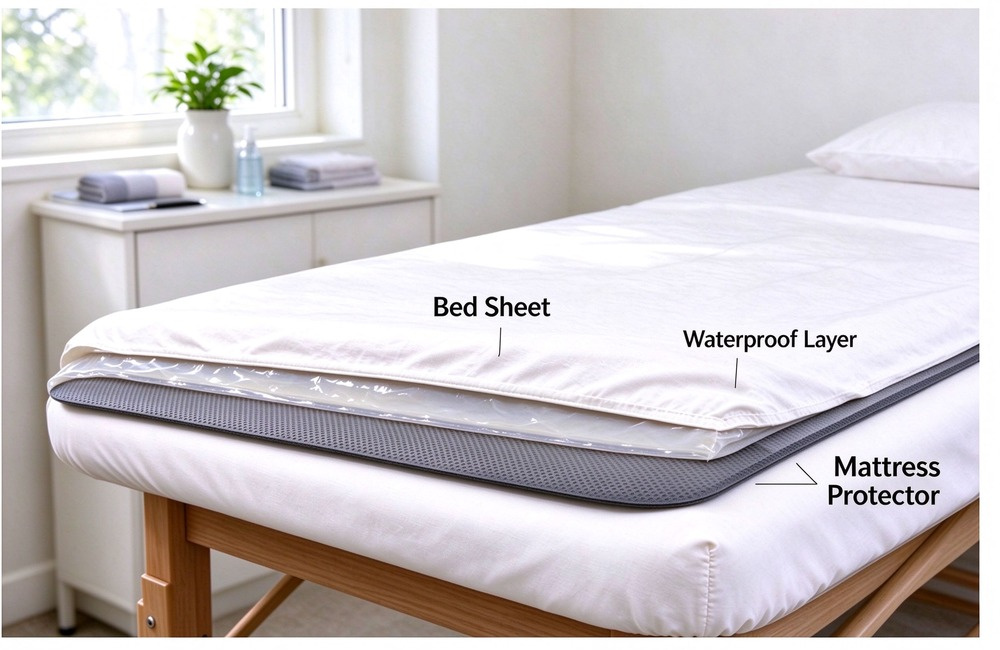 Three layer massage table bedding labeled Bed Sheet, Waterproof Layer and Mattress Protector on wooden bed frame, wholesale massage table waterproof protector explained for buyers