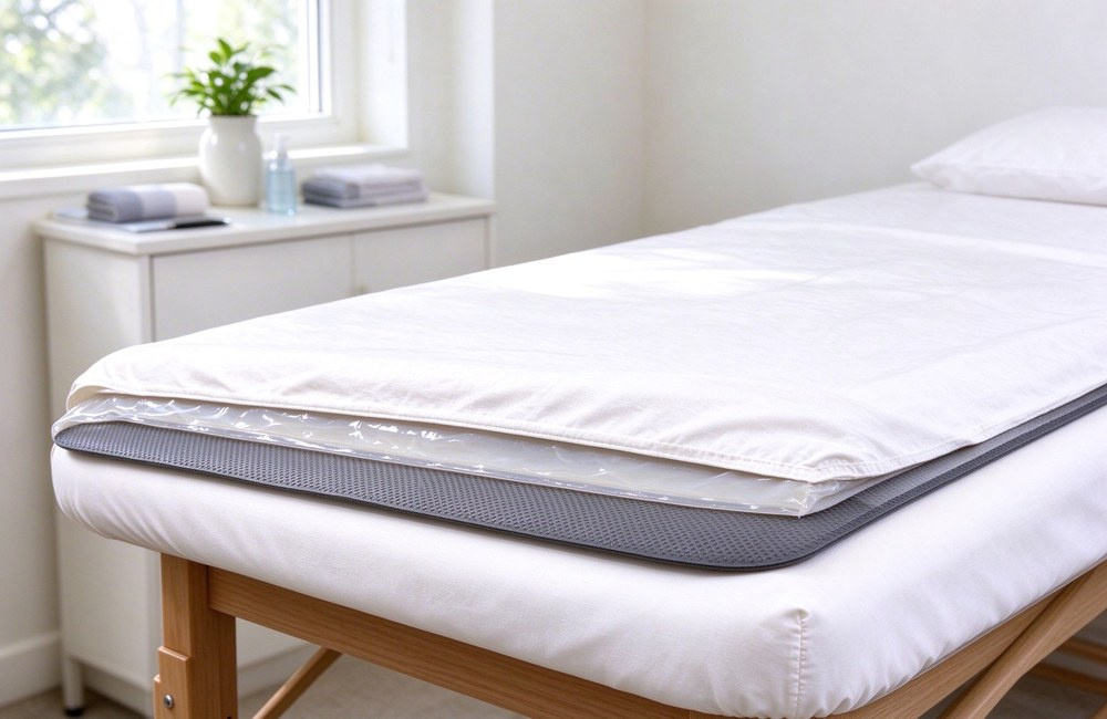 Waterproof mattress protector spread on white massage table with layered cotton top, TPU middle and non slip bottom for spa bedding suppliers and clinic use
