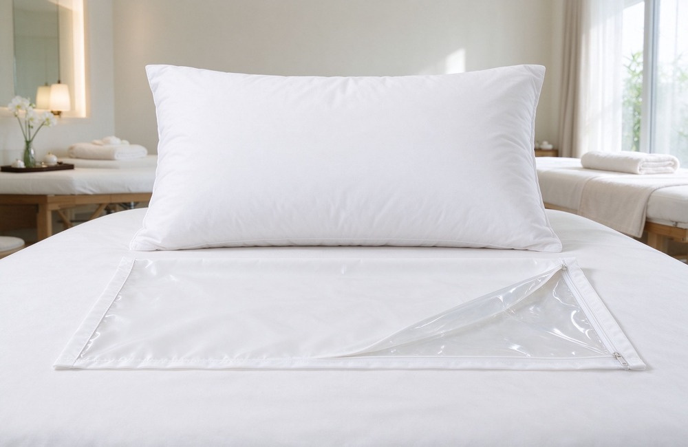 White pillow with separate waterproof pillowcase showing zipper opening and clear TPU waterproof layer, wholesale waterproof massage table pillow protector in bright spa room