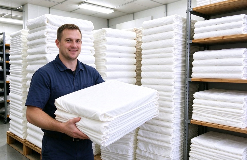 Folded fitted sheets and bed skirts stacked on warehouse shelves with worker restocking, showing bulk spa massage table bedding inventory for hotel linen wholesale