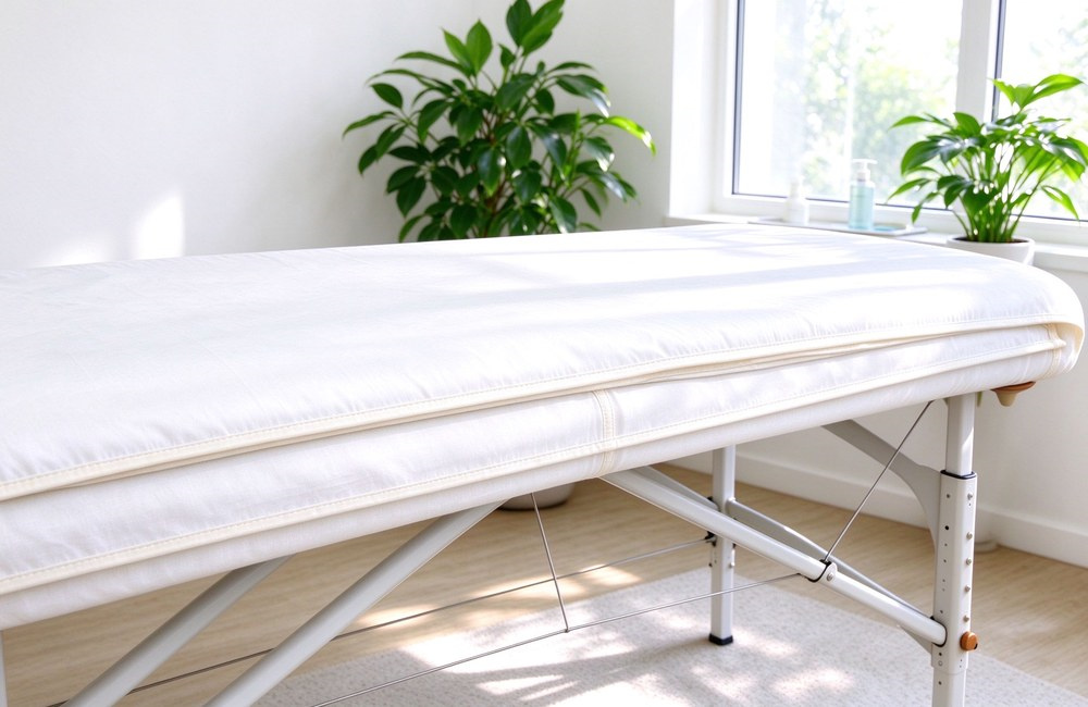 Thin mat layered under fitted sheet on massage table in bright spa room, waterproof massage table protector stack, hotel spa bedding supplier setup