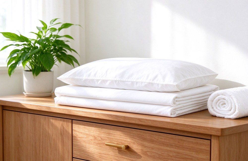 Bright massage table fitted sheet setup with deep pockets and elastic corners in a sunny spa treatment room, towels and bolster ready, clean clinical look