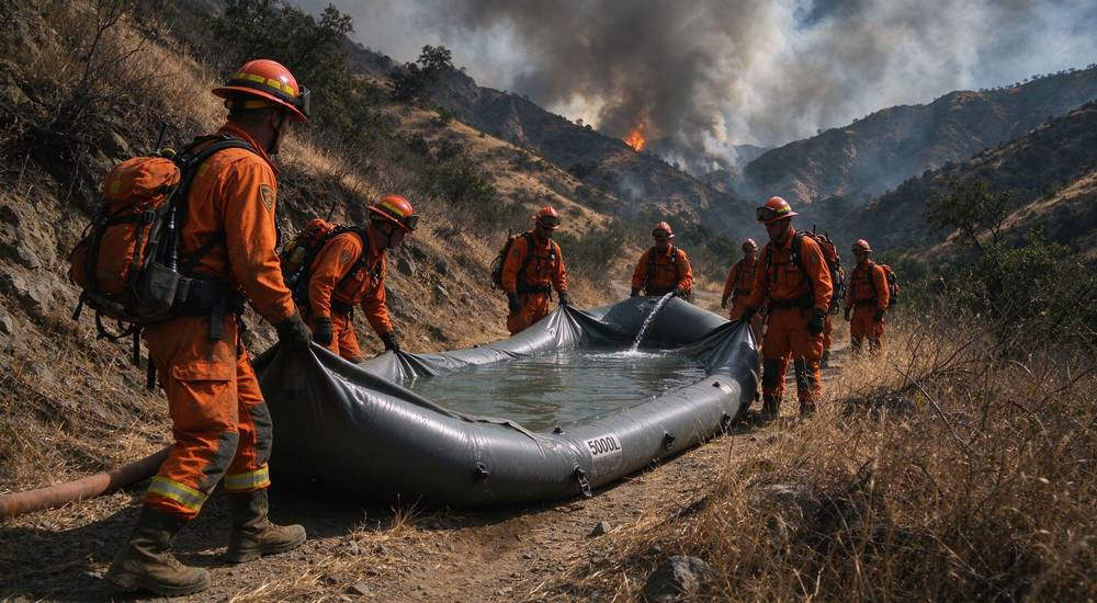 Group of wildland firefighters in orange gear deploying a 5000L foldable water bladder on mountain trail, smoke in background, fire department bulk equipment