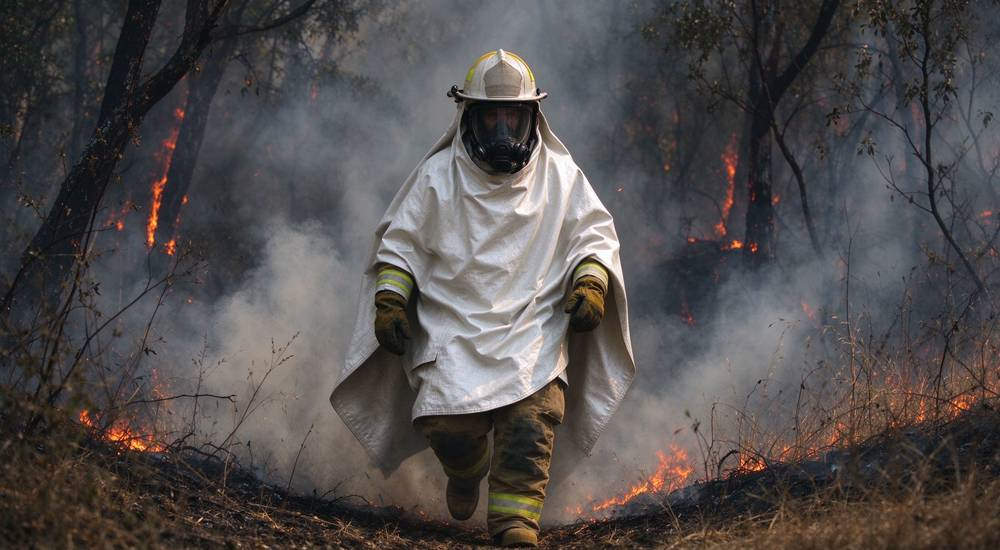 Firefighter wrapped in white fiberglass fire blanket walking out of smoky wildfire, dramatic survival scene, wildfire emergency gear