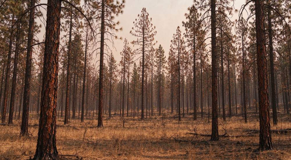 Burned pine forest after wildfire, blackened tree trunks standing, ash on ground, drought and wildfire landscape realism