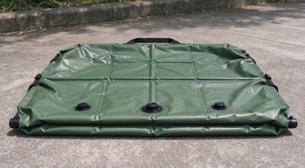 Foldable green water bladder tank folded on concrete ground, product photography, emergency water storage for drought relief