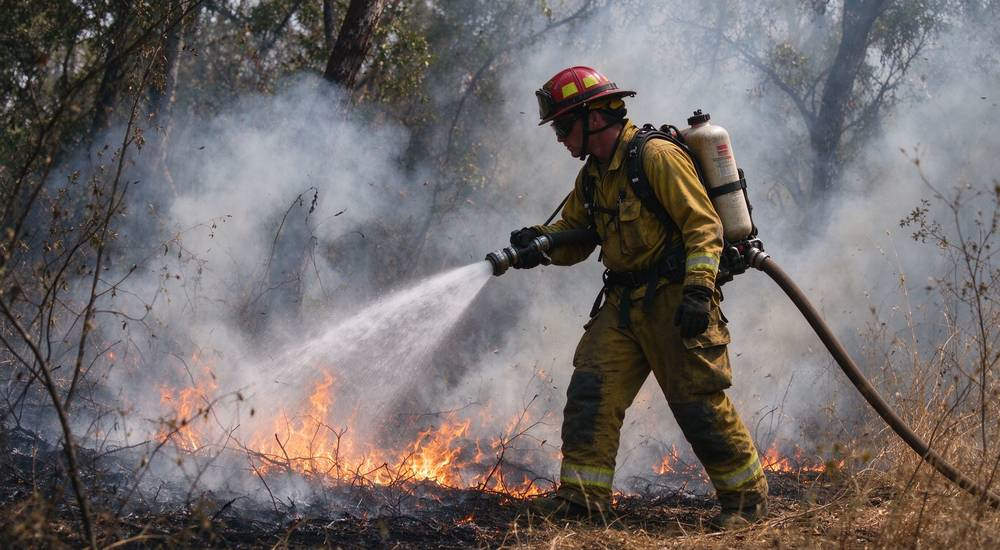 Firefighter in yellow gear carrying backpack water tank spraying water on wildfire hot spot, smoke around, wildfire response equipment