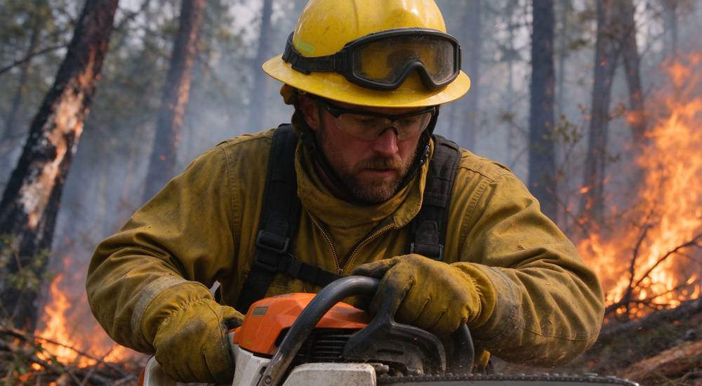 Firefighter in high visibility orange gear setting up red white barrier tape across a road, fire rescue equipment