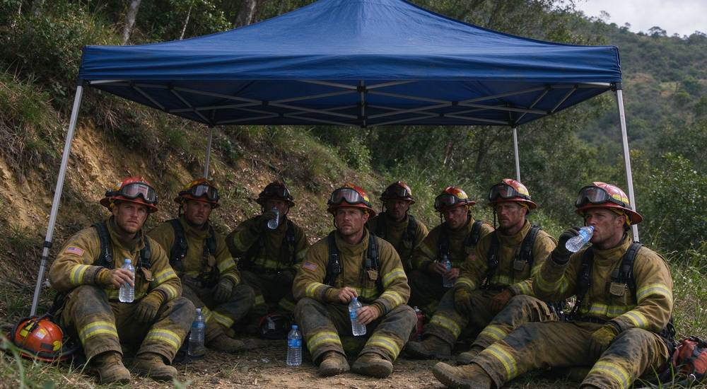 Group of firefighters in full gear preparing for wildfire response, realistic photography, wildland firefighting equipment bulk