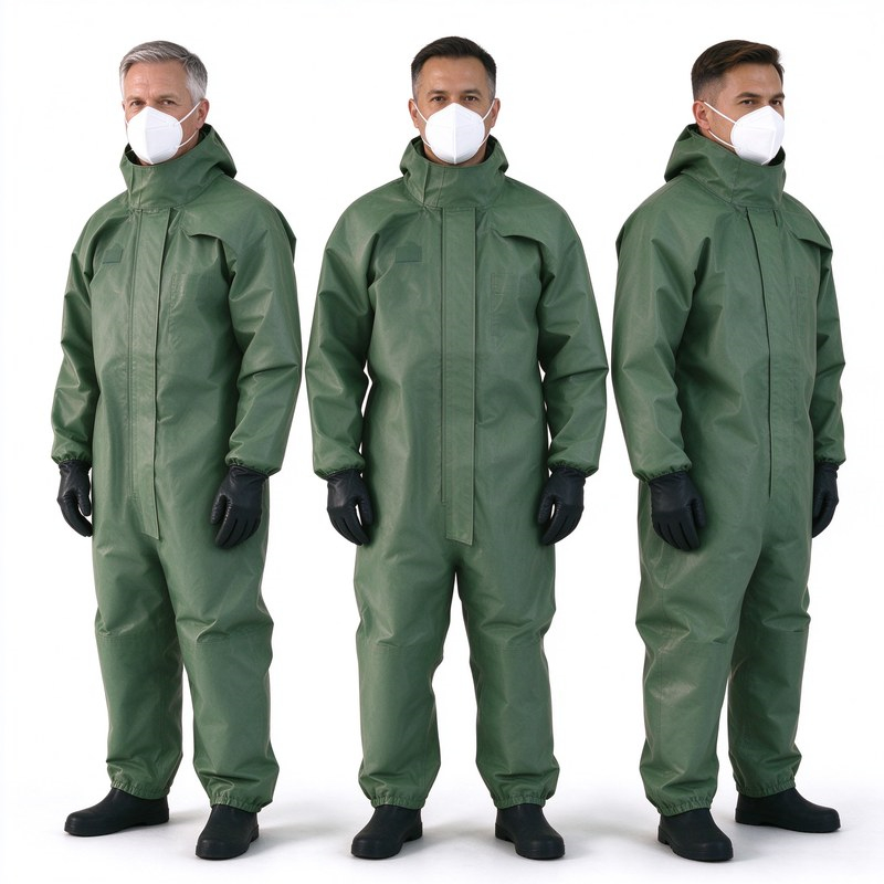 Three green full body protective coveralls with hood design, matched with black gloves, safety footwear and disposable face masks, durable hazmat protective garments. Three green full body protective coveralls with hood design, matched with black gloves, safety footwear and disposable face masks, durable hazmat protective garments.
