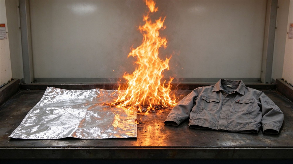 Side angle of heavy duty protective aluminized heat protective suit, Costmir aluminized fabric vs ordinary workwear fabric reflectivity comparison under furnace light,, demonstrating professional comparison use in industrial safety environment, designed for wholesale bulk supply and industrial safety procurement. Side angle of heavy duty protective aluminized heat protective suit, Costmir aluminized fabric vs ordinary workwear fabric reflectivity comparison under furnace light,, demonstrating professional comparison use in industrial safety environment, designed for wholesale bulk supply and industrial safety procurement.