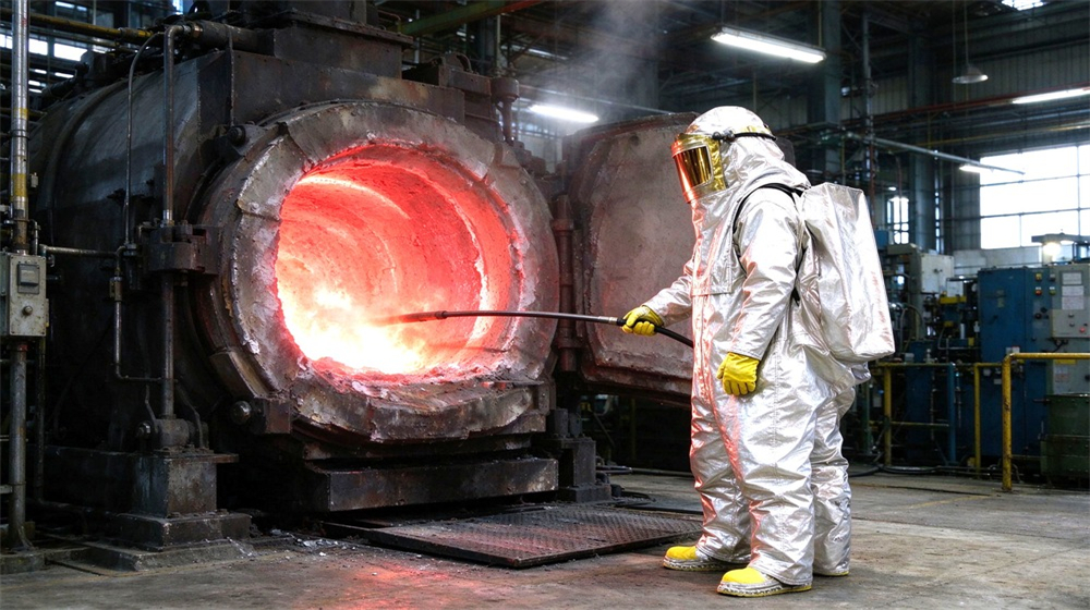 Overhead view of heavy duty protective aluminized heat protective suit, Furnace door opening with radiant heat glow, aluminized heat protective suit operator, demonstrating professional application use in industrial safety environment, designed for wholesale bulk supply and industrial safety procurement. Overhead view of heavy duty protective aluminized heat protective suit, Furnace door opening with radiant heat glow, aluminized heat protective suit operator, demonstrating professional application use in industrial safety environment, designed for wholesale bulk supply and industrial safety procurement.