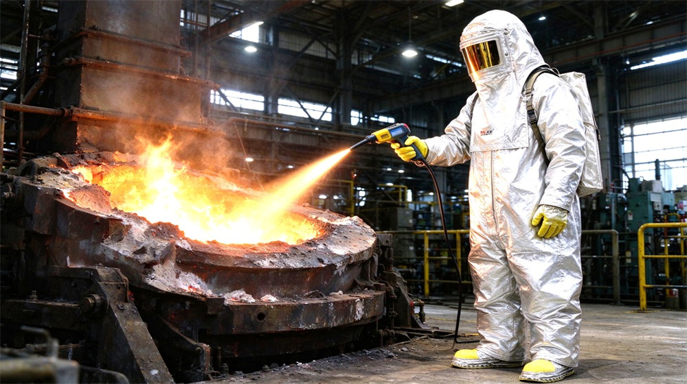 Wide shot of heavy duty protective aluminized heat protective suit, Aluminized heat protective suit worker at steel mill furnace front taking temperature, demonstrating professional application use in industrial safety environment, designed for wholesale bulk supply and industrial safety procurement. Wide shot of heavy duty protective aluminized heat protective suit, Aluminized heat protective suit worker at steel mill furnace front taking temperature, demonstrating professional application use in industrial safety environment, designed for wholesale bulk supply and industrial safety procurement.