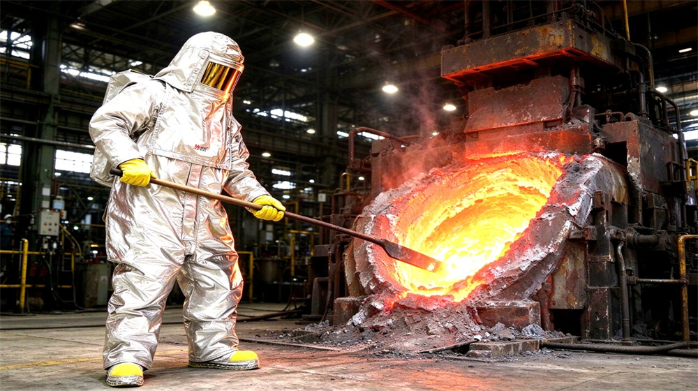 Macro detail of heavy duty protective aluminized heat protective suit, Steel mill worker in aluminized heat protective suit working at furnace front,, demonstrating professional application use in industrial safety environment, designed for wholesale bulk supply and industrial safety procurement. Macro detail of heavy duty protective aluminized heat protective suit, Steel mill worker in aluminized heat protective suit working at furnace front,, demonstrating professional application use in industrial safety environment, designed for wholesale bulk supply and industrial safety procurement.