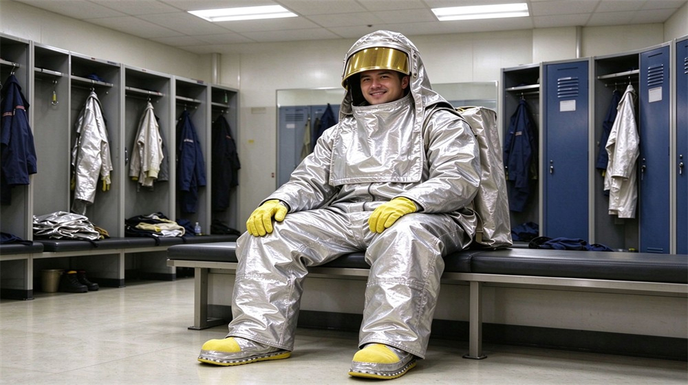 Front view of heavy duty protective aluminized heat protective suit, Steel mill worker resting after heat exposure shift wearing aluminized heat protective, demonstrating professional application use in industrial safety environment, designed for wholesale bulk supply and industrial safety procurement. Front view of heavy duty protective aluminized heat protective suit, Steel mill worker resting after heat exposure shift wearing aluminized heat protective, demonstrating professional application use in industrial safety environment, designed for wholesale bulk supply and industrial safety procurement.