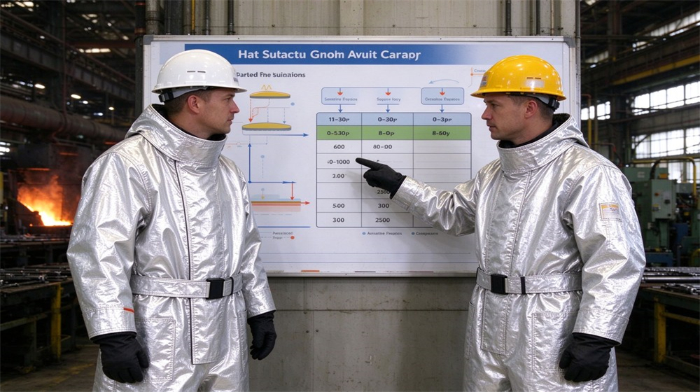 Side angle of heavy duty protective aluminized heat protective suit, Steel mill heat stress management chart and work rest schedule with aluminized, demonstrating professional info use in industrial safety environment, designed for wholesale bulk supply and industrial safety procurement. Side angle of heavy duty protective aluminized heat protective suit, Steel mill heat stress management chart and work rest schedule with aluminized, demonstrating professional info use in industrial safety environment, designed for wholesale bulk supply and industrial safety procurement.